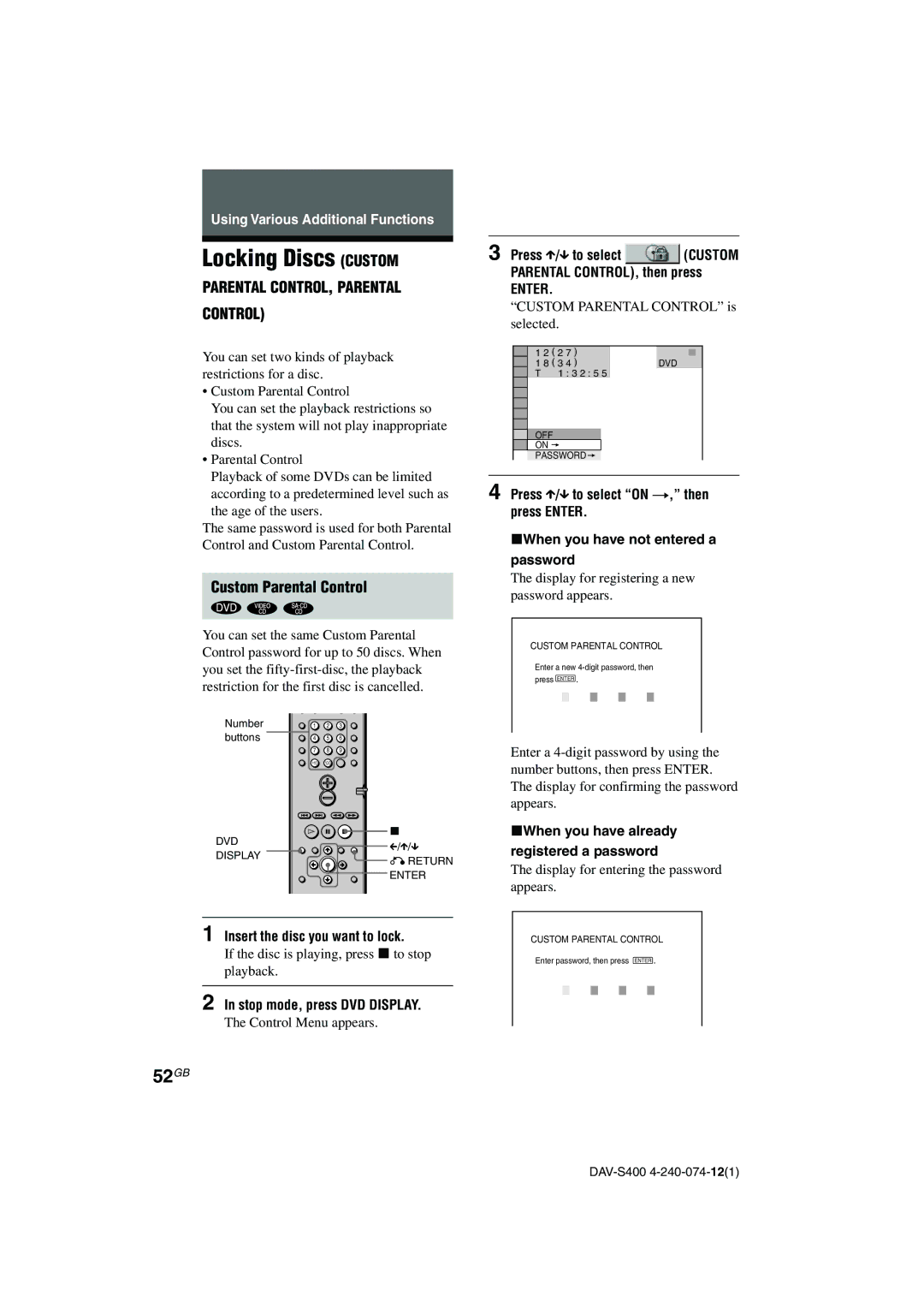 Sony DAV-S400 manual Locking Discs Custom, 52GB, Custom Parental Control, Enter 