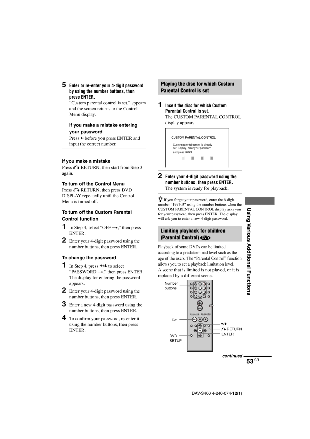 Sony DAV-S400 manual 53GB, Playing the disc for which Custom Parental Control is set, Limiting playback for children 