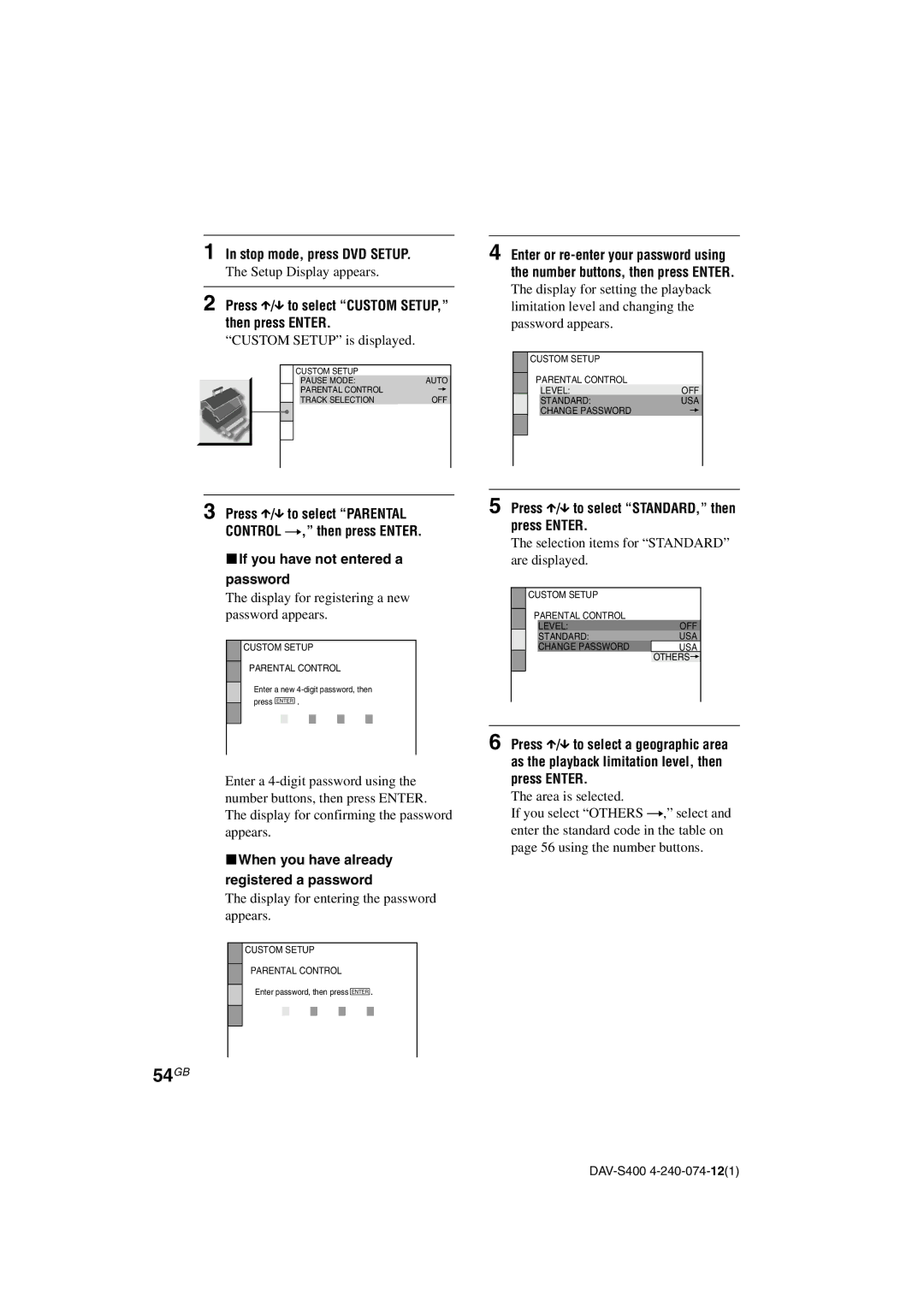 Sony DAV-S400 manual 54GB, Stop mode, press DVD Setup, Press X/x to select Custom SETUP, then press Enter 