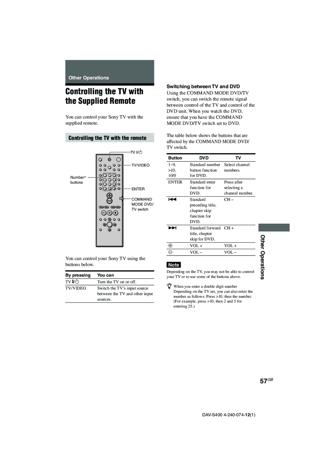 Sony DAV-S400 manual 57GB, Controlling the TV with the remote, Other Operations, Switching between TV and DVD 