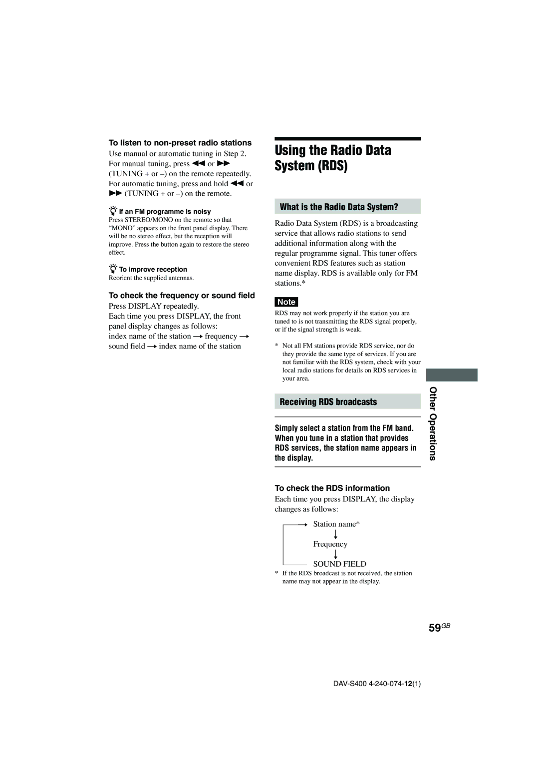 Sony DAV-S400 manual Using the Radio Data System RDS, 59GB, What is the Radio Data System?, Receiving RDS broadcasts 