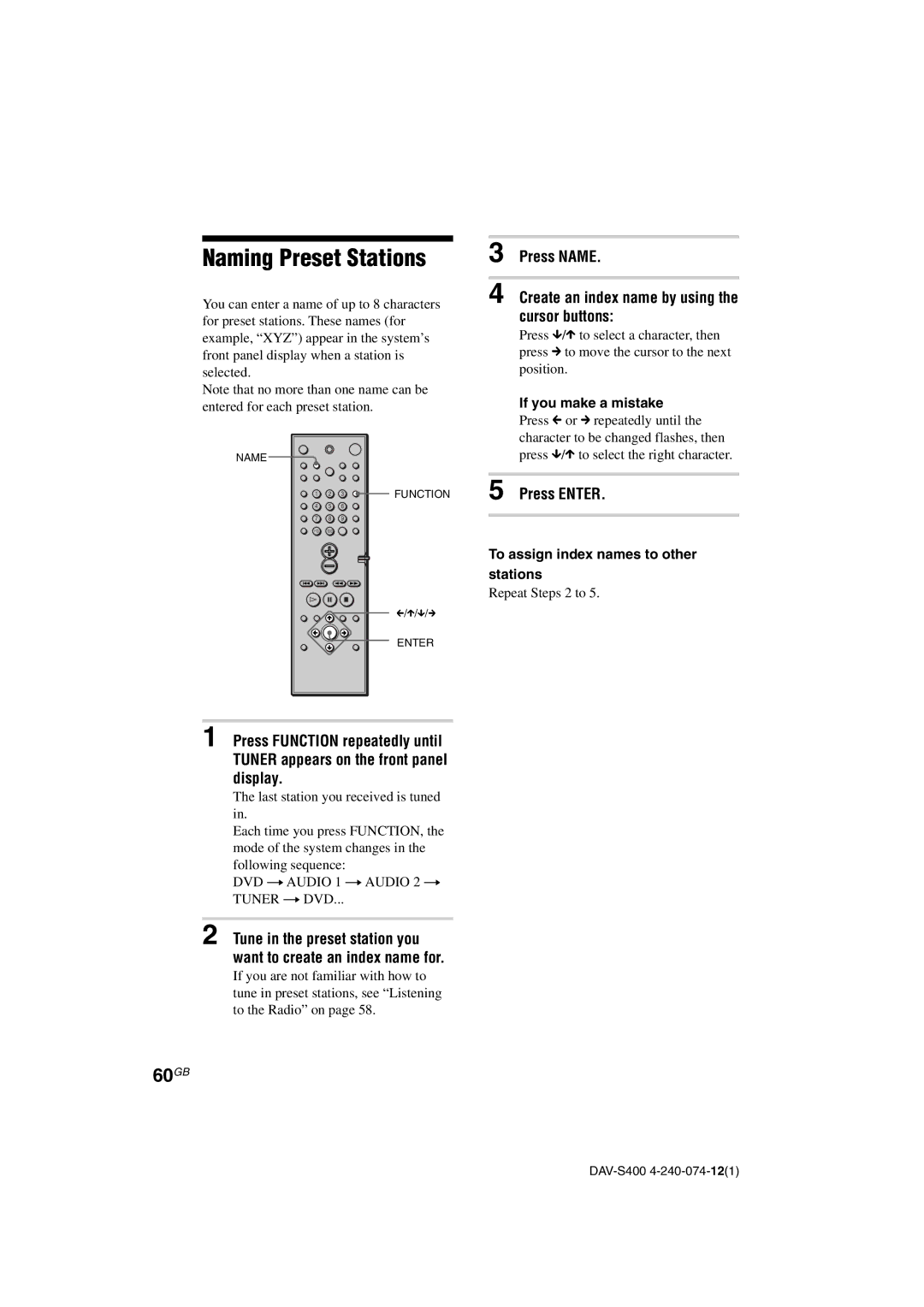 Sony DAV-S400 Naming Preset Stations, 60GB, Press Name Create an index name by using the cursor buttons, Repeat Steps 2 to 