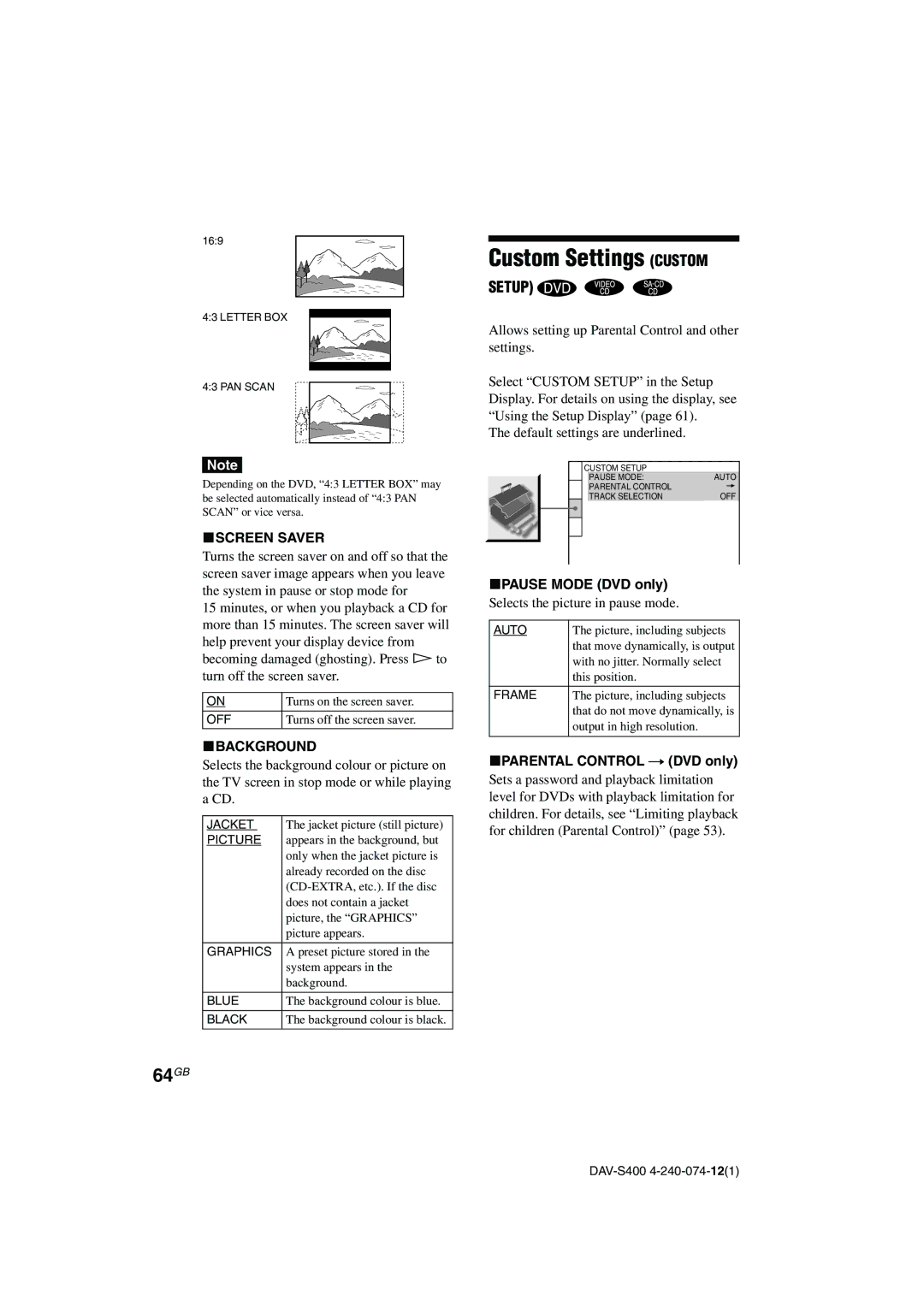 Sony DAV-S400 manual Custom Settings Custom, 64GB, Setup 