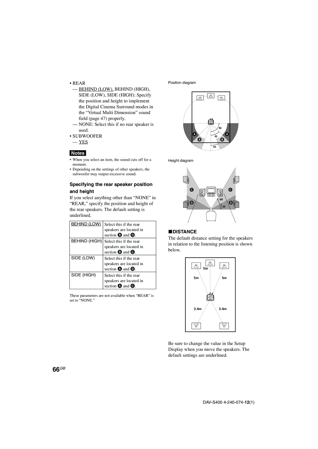 Sony DAV-S400 manual 66GB, Specifying the rear speaker position Height 