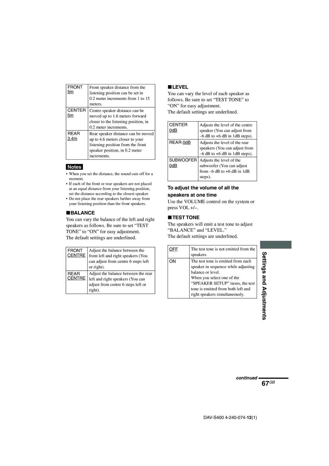 Sony DAV-S400 manual 67GB, To adjust the volume of all Speakers at one time, XTEST Tone 