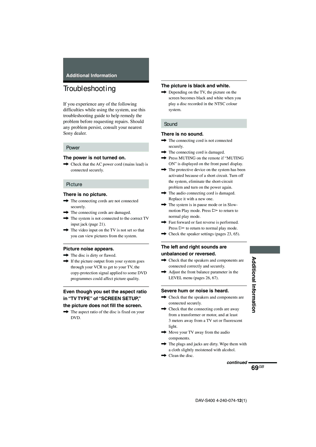 Sony DAV-S400 manual Troubleshooting, 69GB 