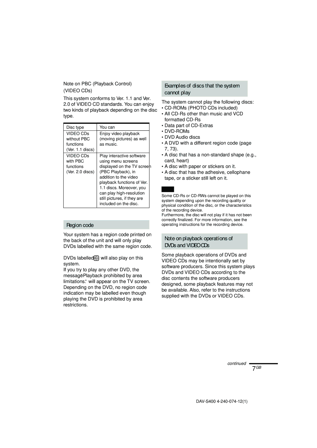 Sony DAV-S400 manual Region code, Examples of discs that the system Cannot play, DVDs and Video CDs, Disc type You can 