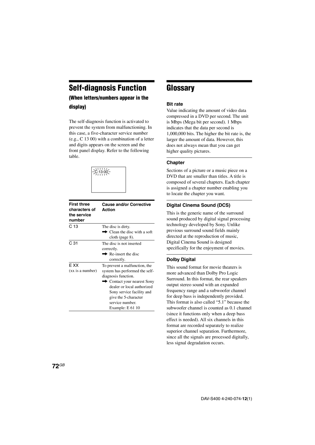 Sony DAV-S400 manual Self-diagnosis Function, Glossary, 72GB, When letters/numbers appear Display 