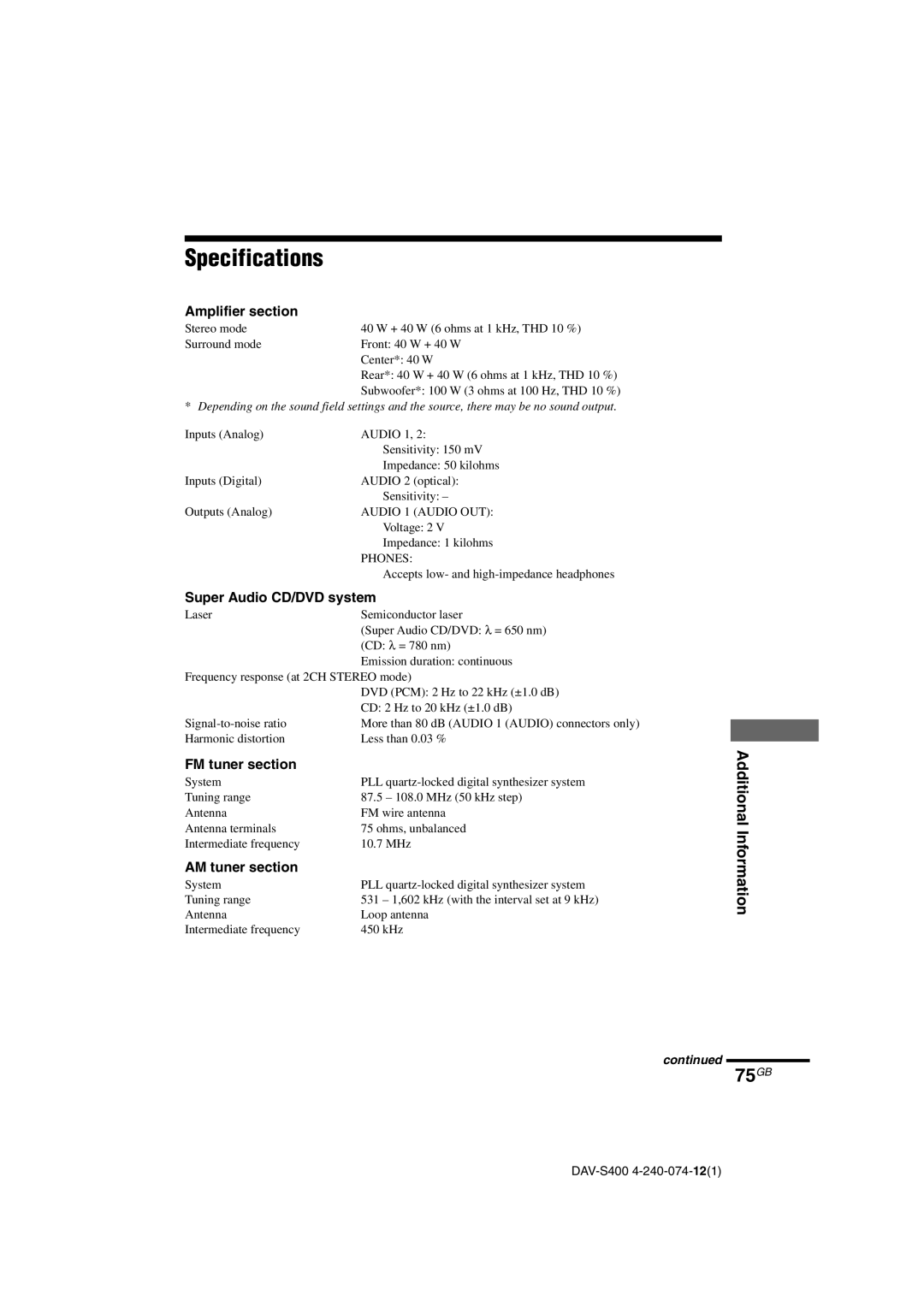 Sony DAV-S400 manual Specifications, 75GB 