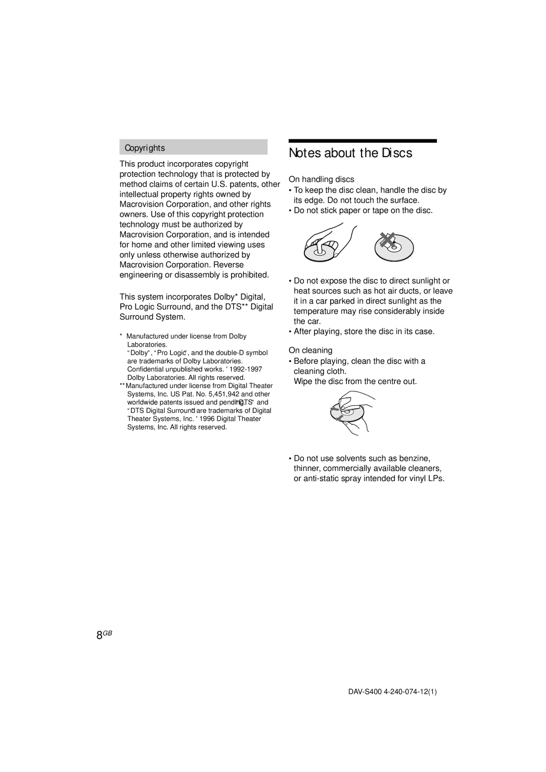 Sony DAV-S400 manual Copyrights, On handling discs 