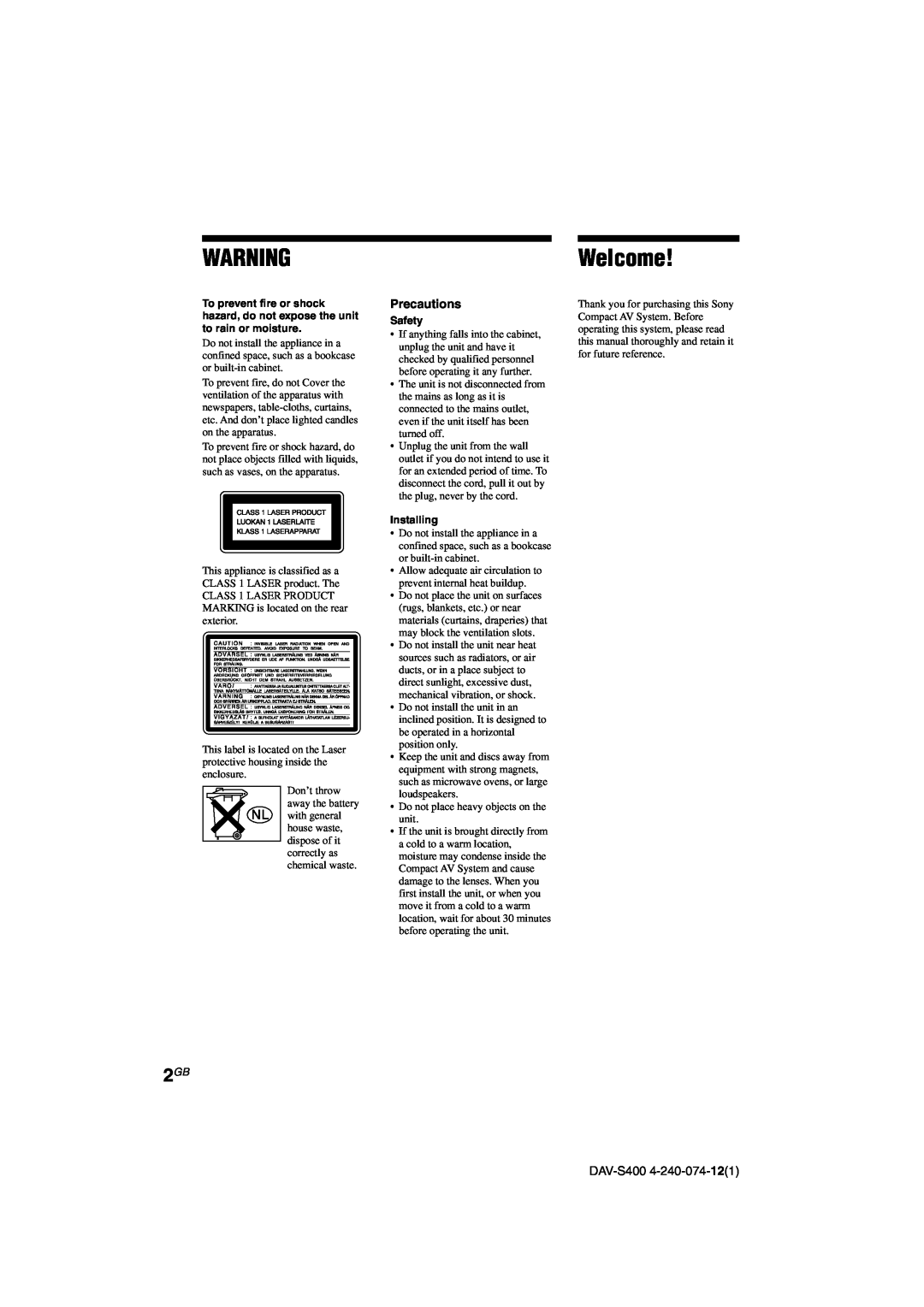 Sony DAV-S400 manual Welcome, Precautions, Safety, Installing 