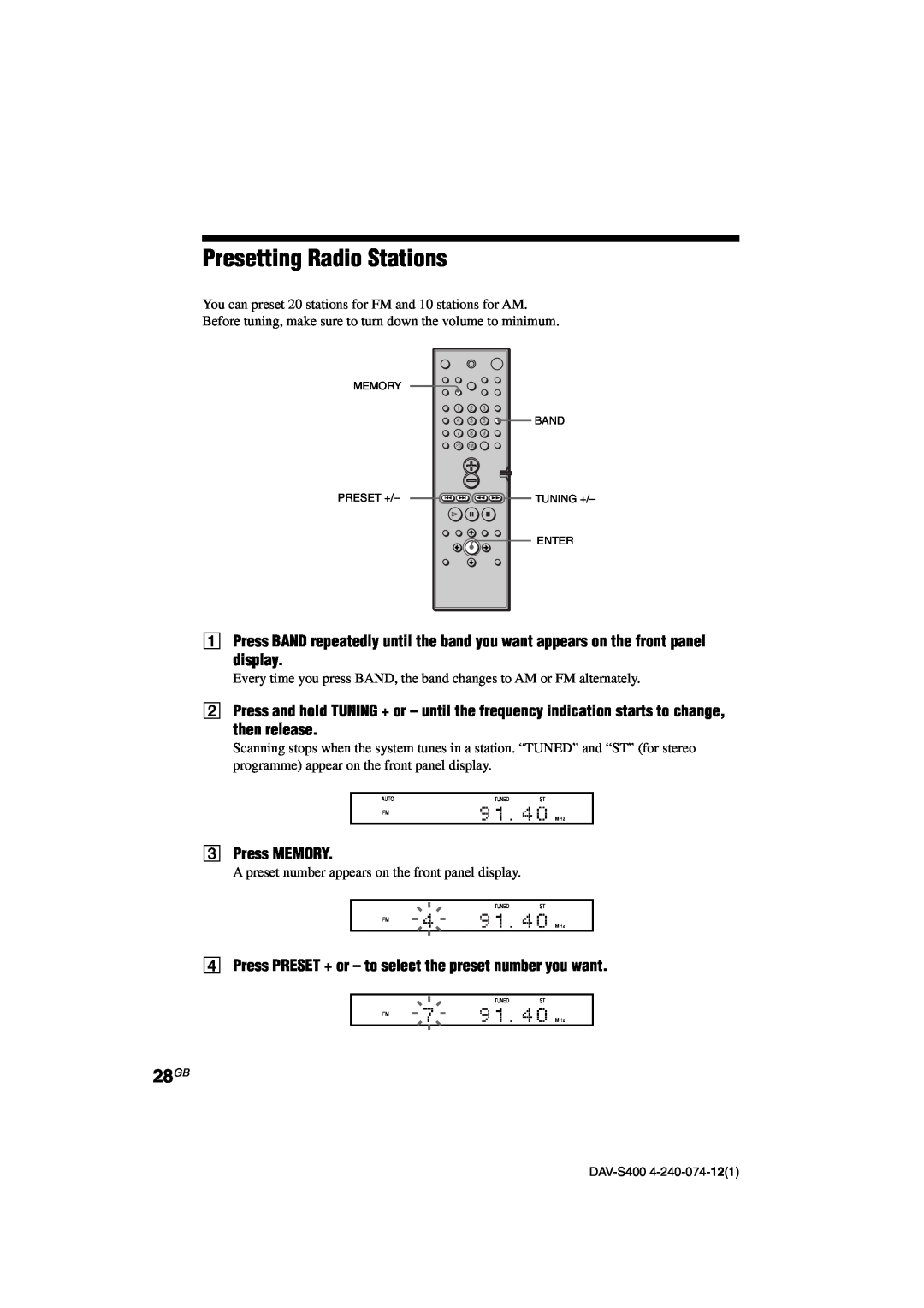 Sony DAV-S400 manual Presetting Radio Stations, 28GB, 3Press MEMORY 