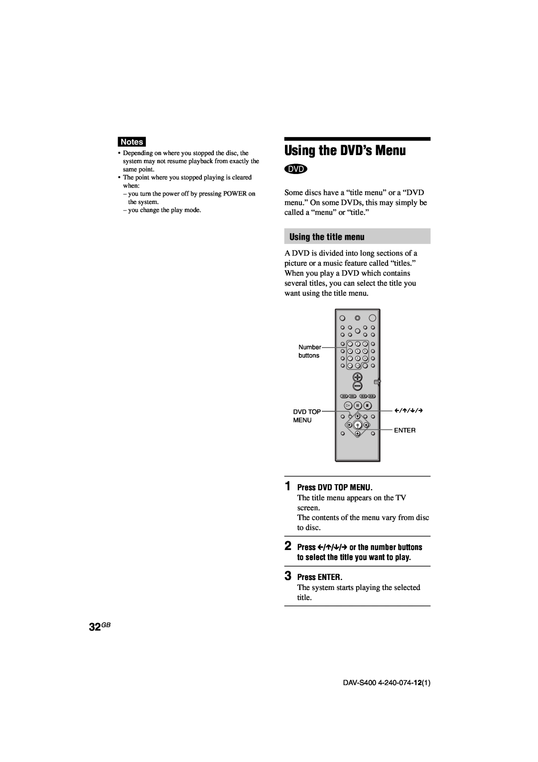 Sony DAV-S400 manual Using the DVD’s Menu, 32GB, Using the title menu, Press DVD TOP MENU, Press ENTER 