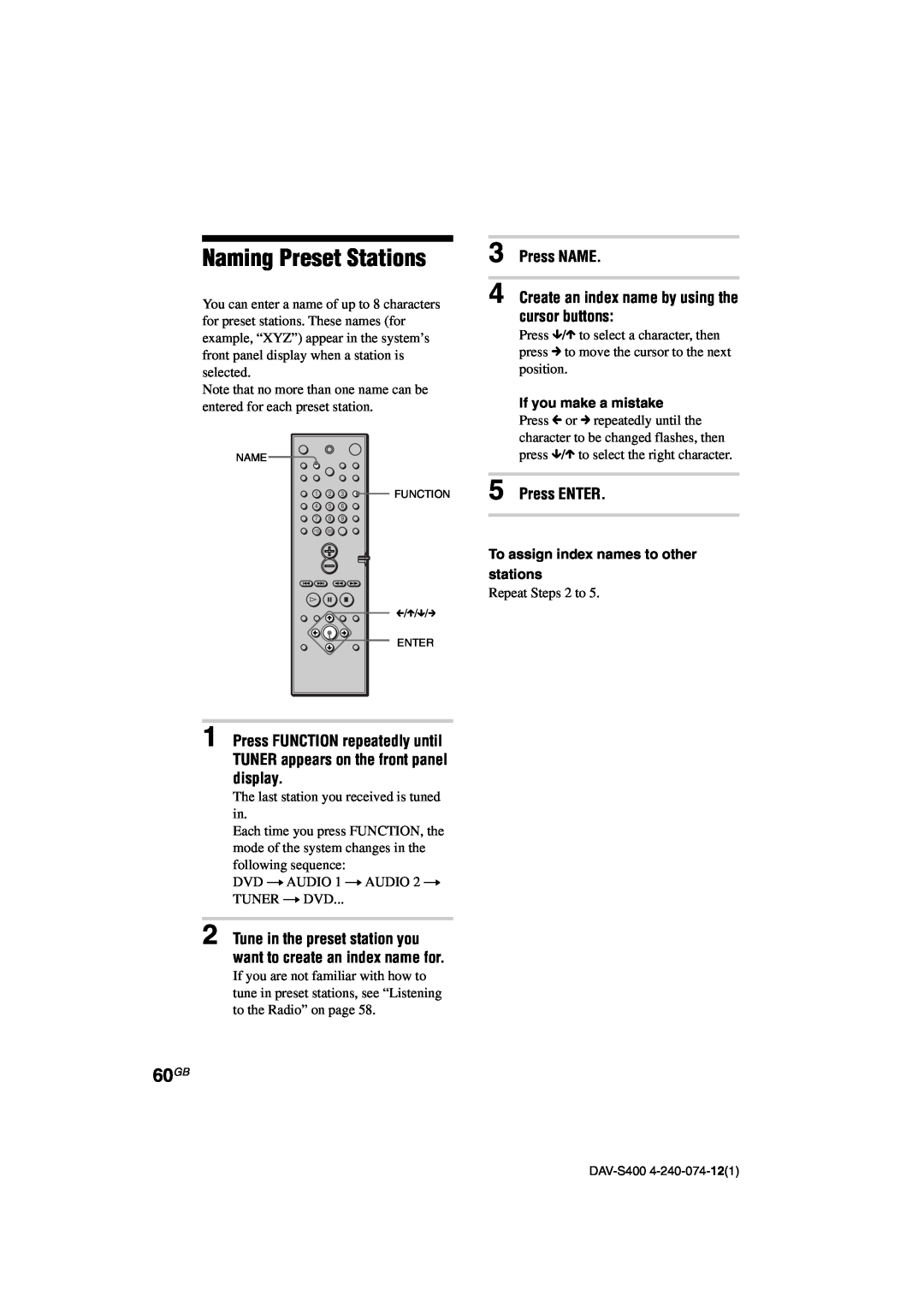 Sony DAV-S400 manual Naming Preset Stations, 60GB, Press NAME, To assign index names to other stations, Press ENTER 