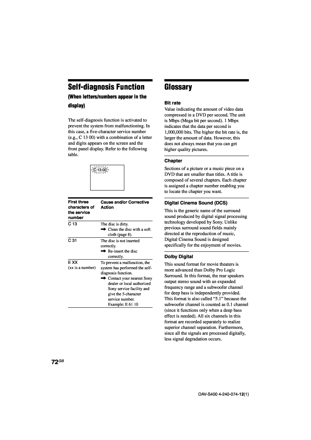 Sony DAV-S400 manual Self-diagnosisFunction, Glossary, 72GB, When letters/numbers appear in the display, Bit rate, Chapter 