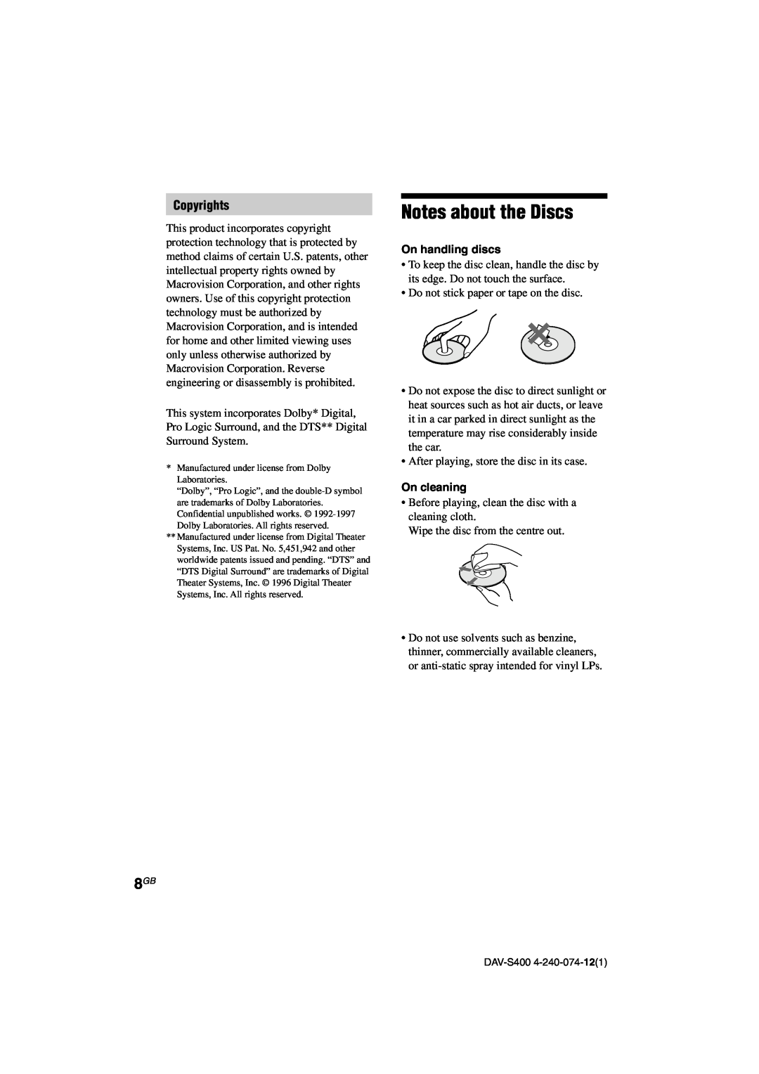 Sony DAV-S400 manual Notes about the Discs, Copyrights, On handling discs, On cleaning 