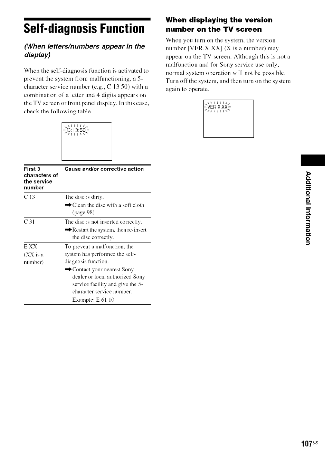 Sony HDX576WF Self-diagnosis Function, 107us, When displaying the version Number on the TV screen, Kver.X.Xx, XX is a 