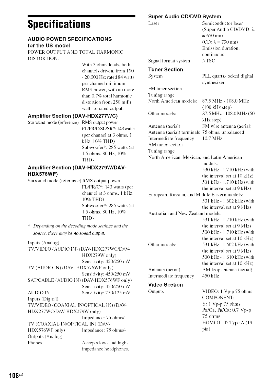 Sony DAVHDX279W, HDX277WC, HDX576WF manual Specifications, 108Us, Super Audio CD/DVD System, Video Section 