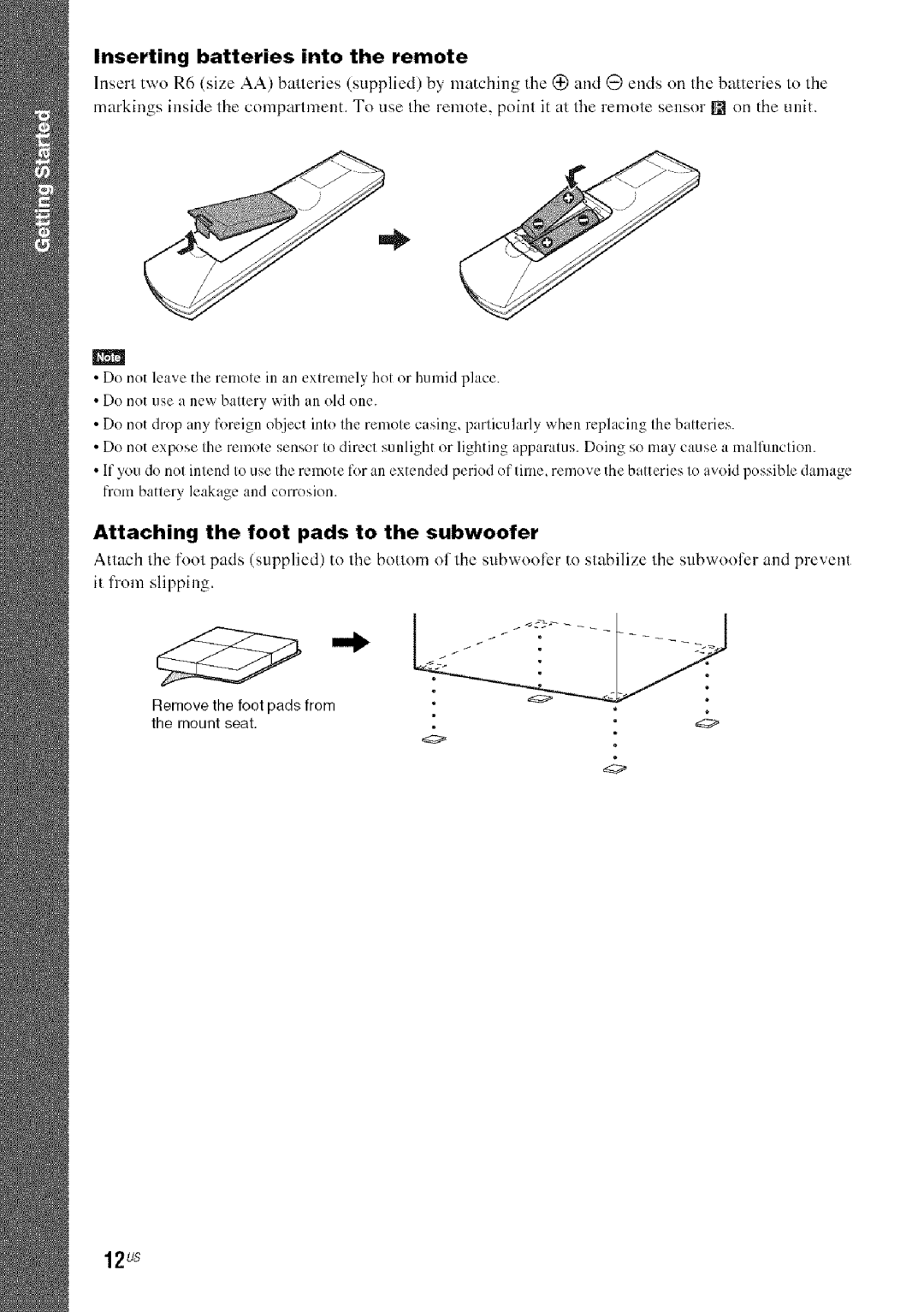 Sony DAVHDX279W, HDX277WC, HDX576WF 12us, Inserting batteries into the remote, Attaching the foot pads to the subwoofer 