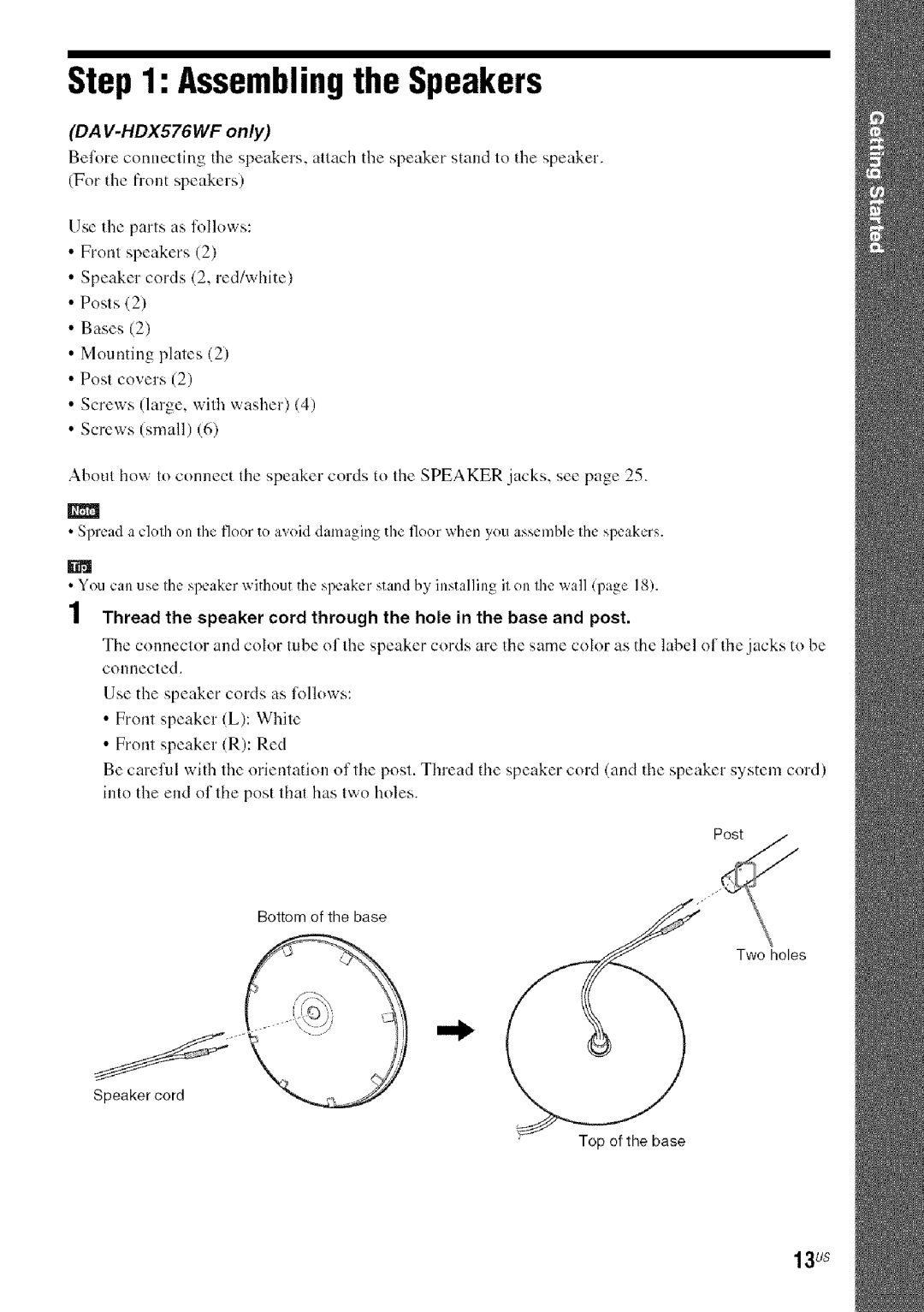 Sony HDX277WC, DAVHDX279W, HDX576WF manual Assemblingthe Speakers, 13Us, Speakercord 