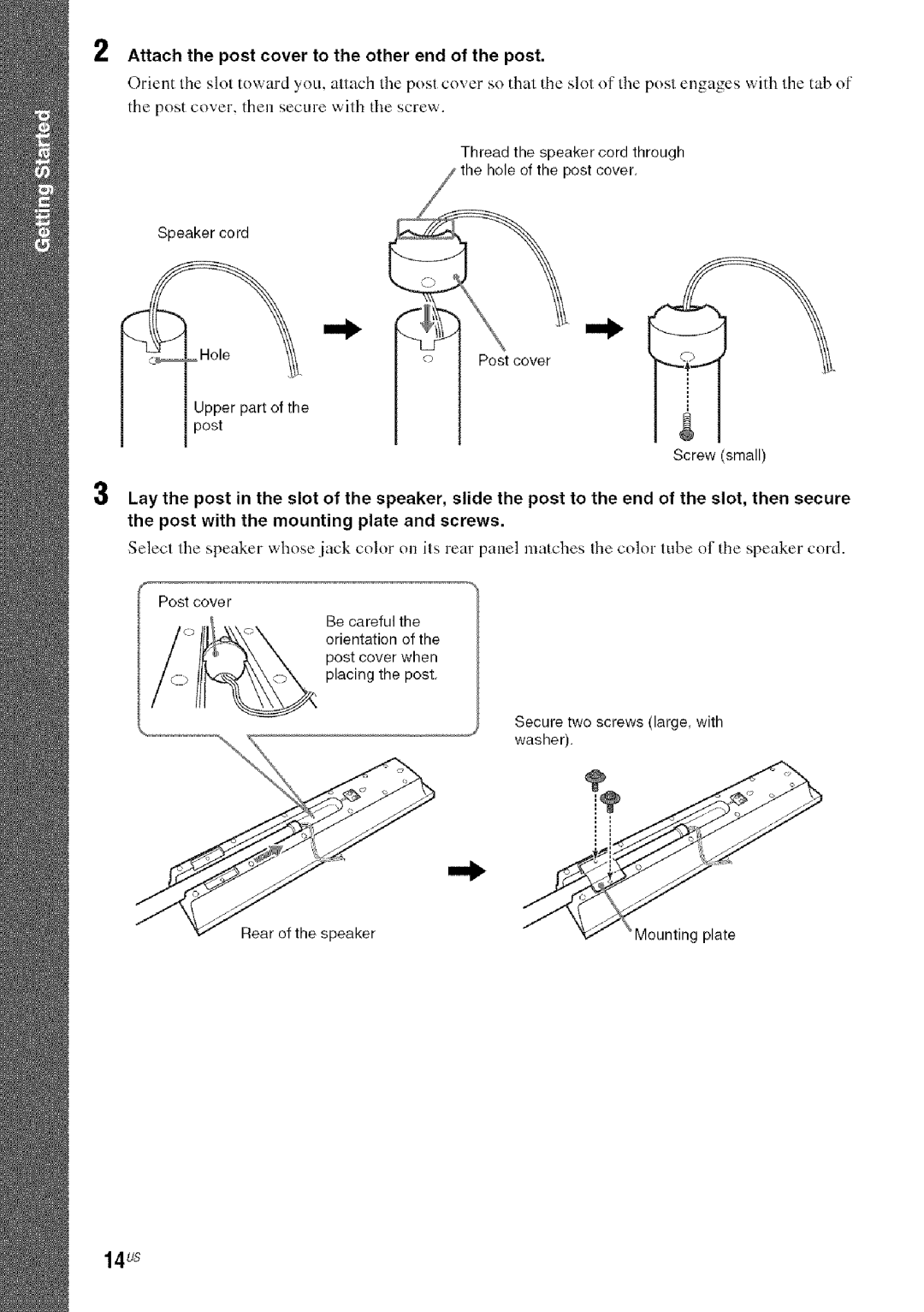 Sony HDX576WF 14us, Attach the post cover to the other end of the post, Post cover, Secure two screws large, with washer 