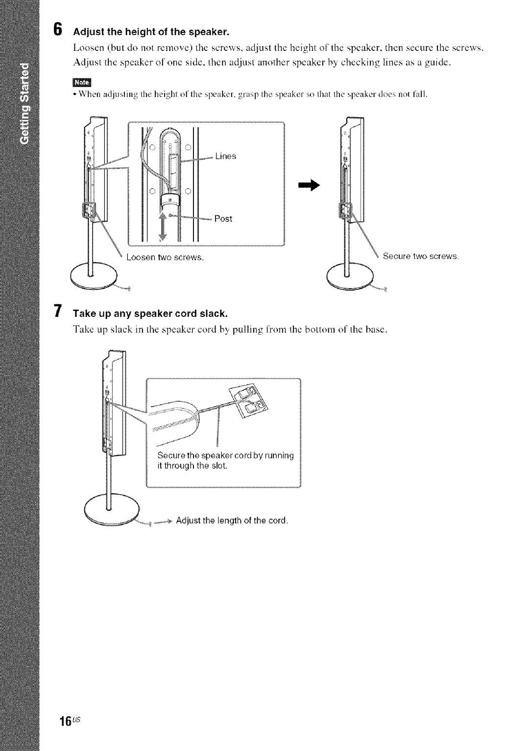 Sony HDX277WC, DAVHDX279W, HDX576WF manual 16us, Adjust the height of the speaker, Lines, Take up any speaker cord slack 