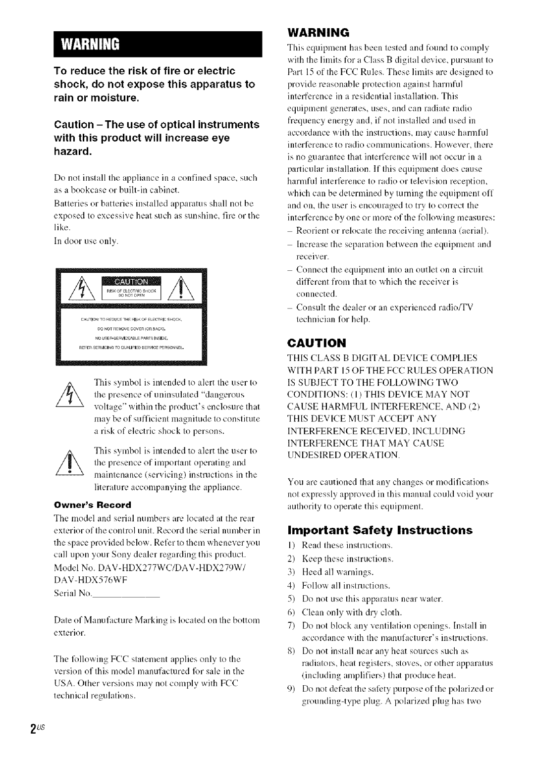 Sony HDX576WF, DAVHDX279W, HDX277WC manual Owners Record, Important Safety Instructions 