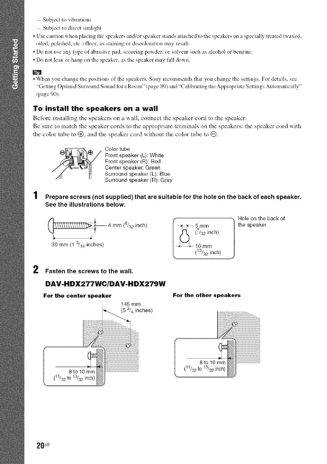 Sony HDX576WF manual 20us, To install the speakers on a wall, Fasten Screws to the wall, DAV-HDX277WC/DAV-HDX279W, 145 mm 