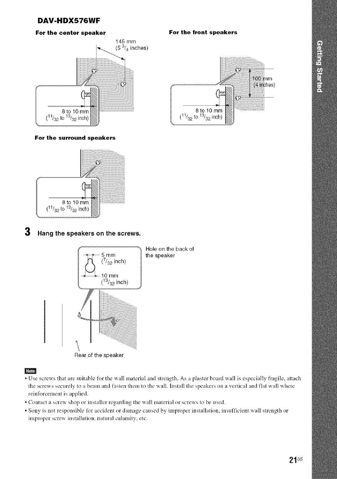 Sony DAVHDX279W, HDX277WC, HDX576WF manual 21us, Hang the speakers on the screws 
