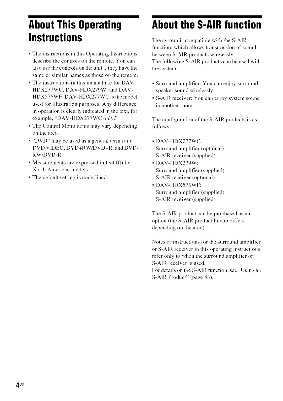 Sony manual About the S-AIR function, Configuration of tile S-AIR products is as follows, HDX277WC, DAV-HDX279W, and DAV 