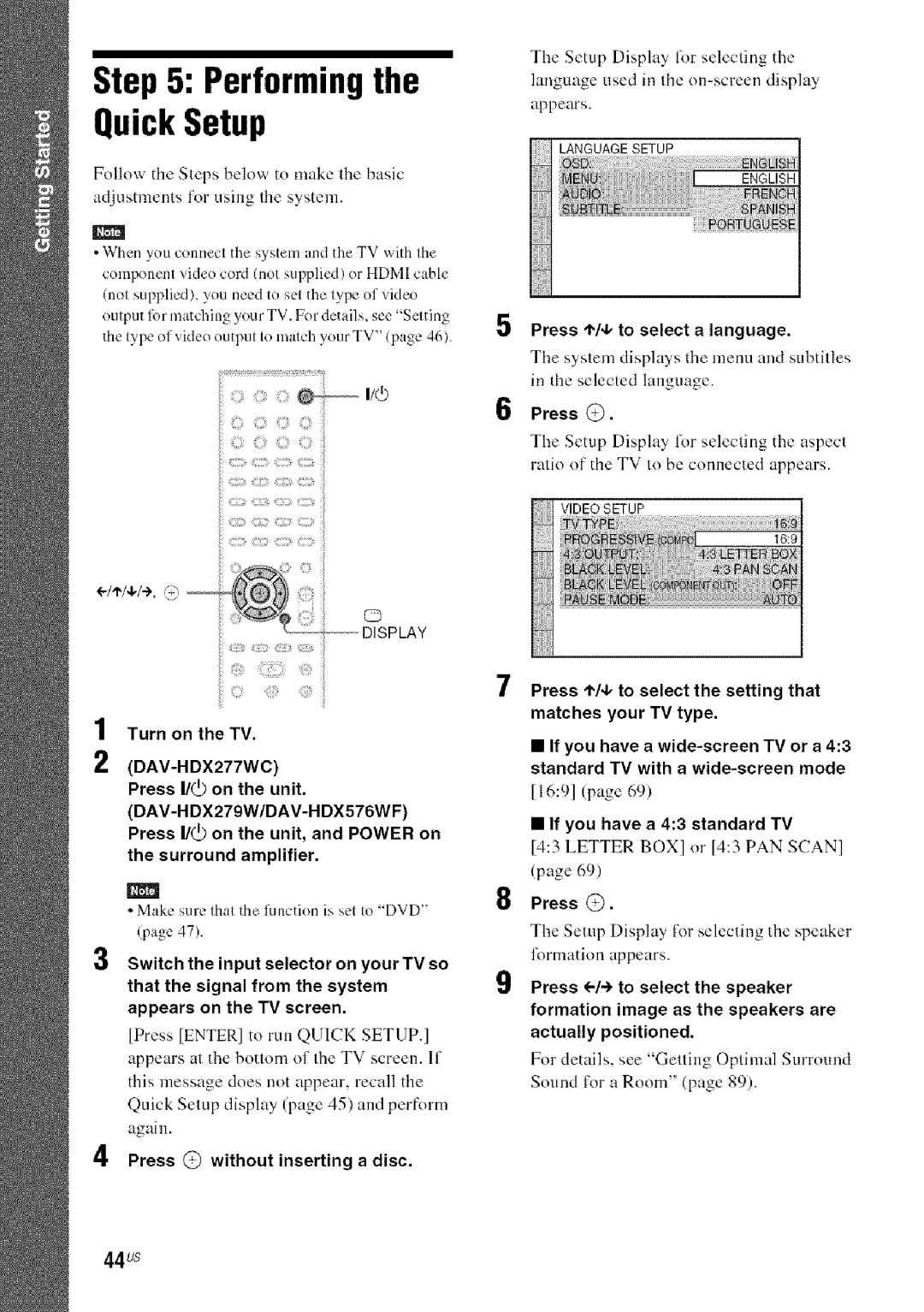 Sony HDX576WF, DAVHDX279W, HDX277WC manual Performingthe QuickSetup, 44us, DAV-HDX279W/DAV-H DX576WF 