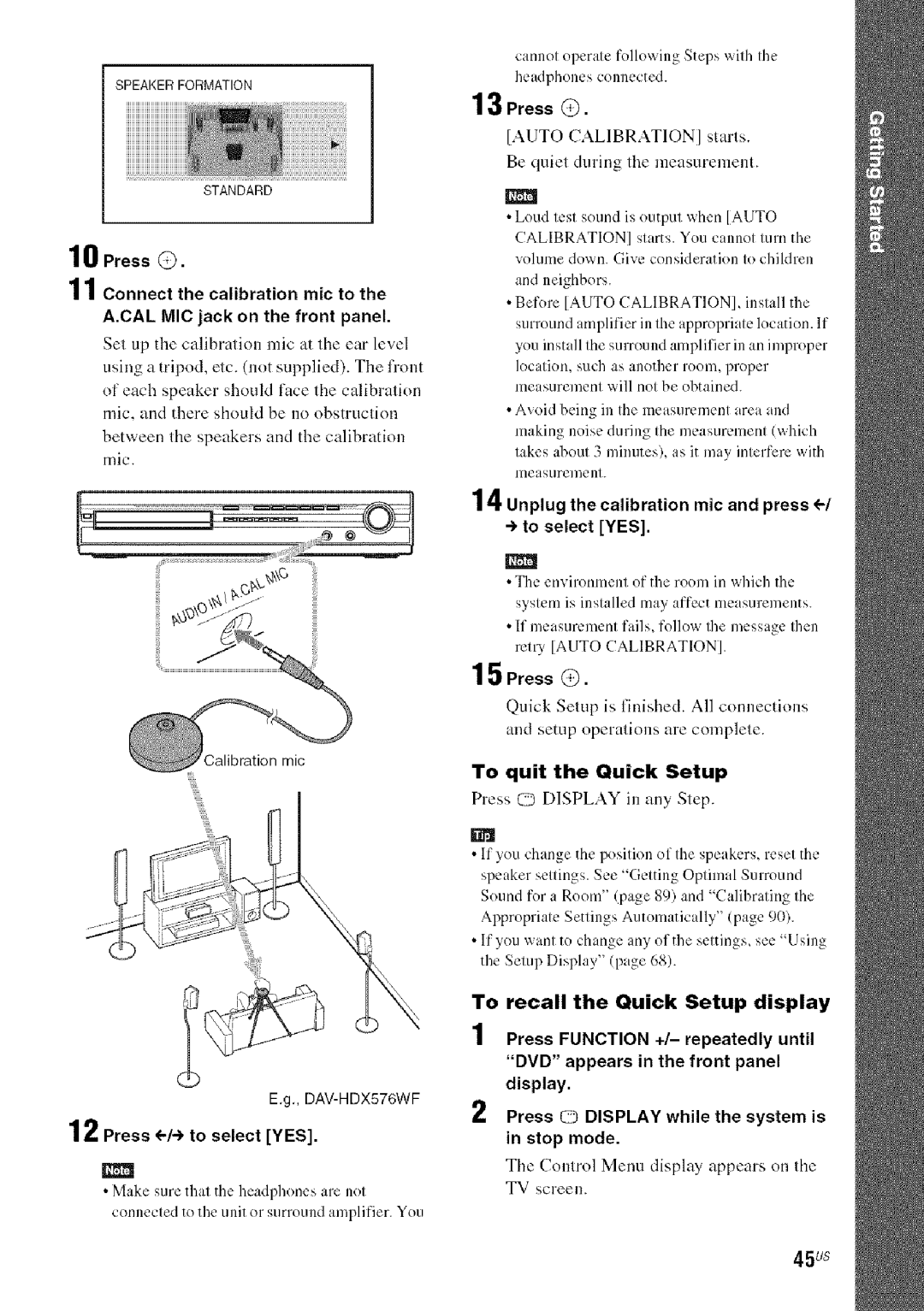 Sony DAVHDX279W, HDX277WC 45us, To quit the Quick Setup, Press Czodisplay in any Step, To recall the Quick Setup display 