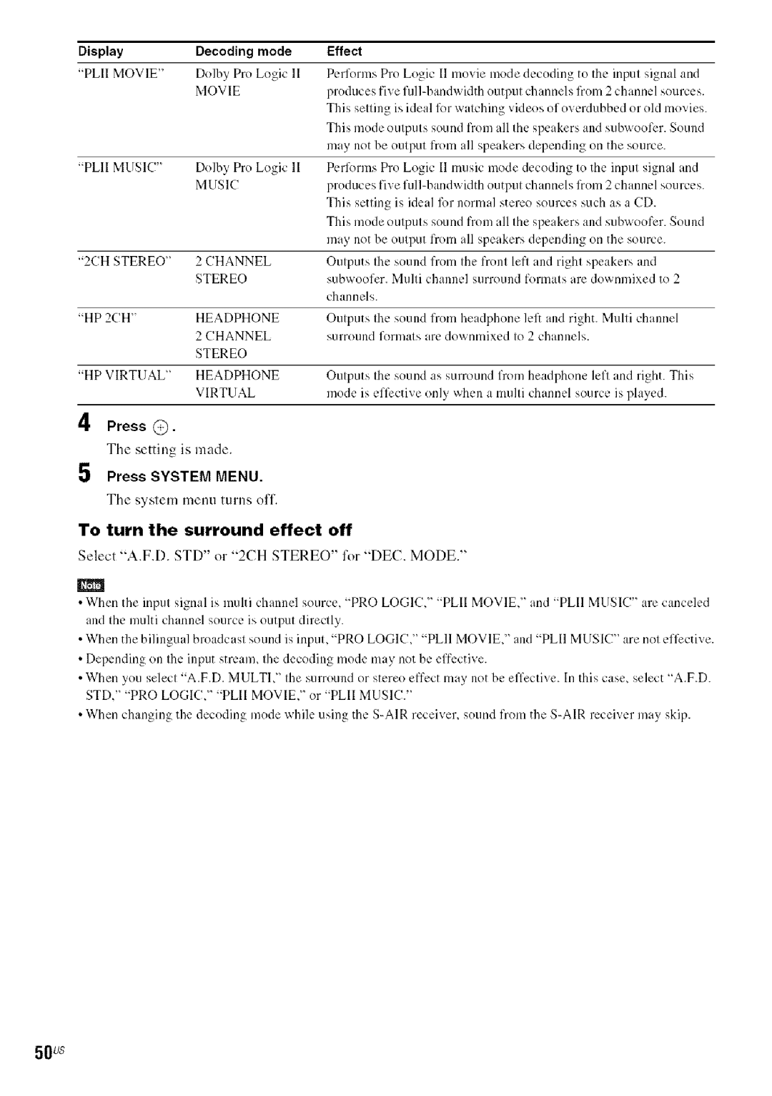 Sony HDX576WF, DAVHDX279W, HDX277WC manual Display Decoding mode Effect, HP 2CH, To turn the surround effect off 