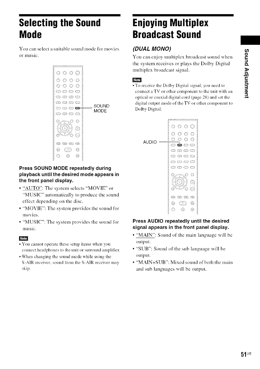 Sony DAVHDX279W, HDX277WC, HDX576WF manual EnjoyingMultiplex BroadcastSound, Selecting the Sound Mode, 51us 
