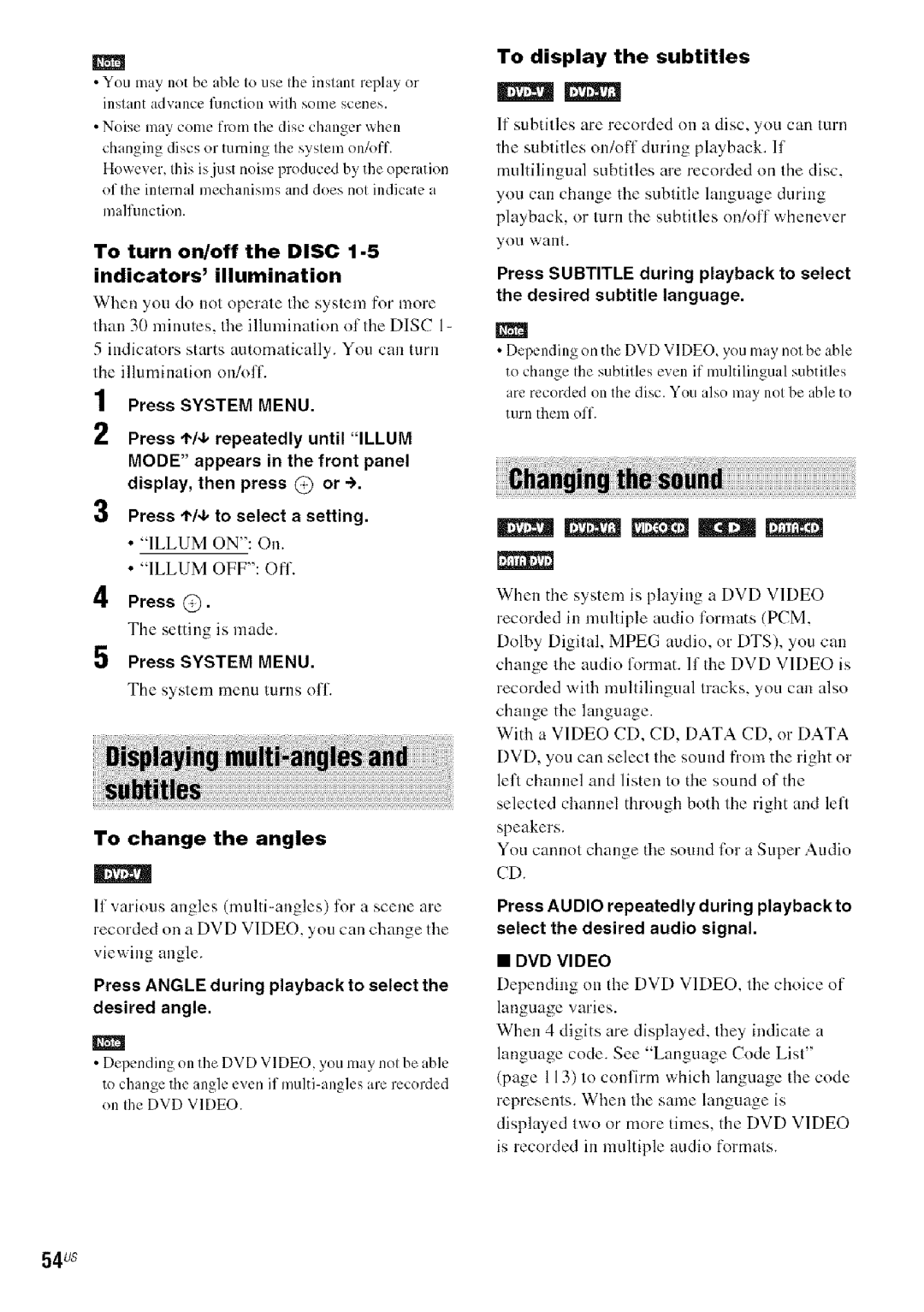 Sony DAVHDX279W To turn on/off the Disc Indicators illumination, To change the angles, To display the subtitles, DVD Video 