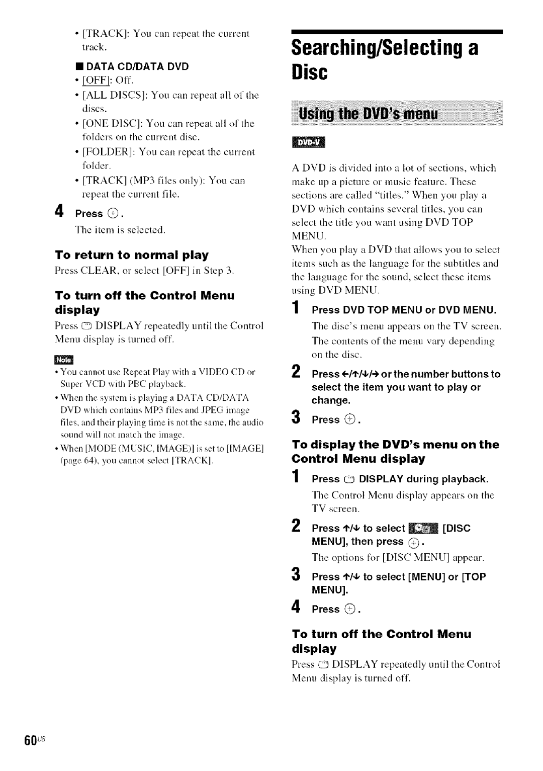 Sony DAVHDX279W, HDX277WC, HDX576WF manual Searching/Selecting a Disc, To return to normal play, 60us, Menu 