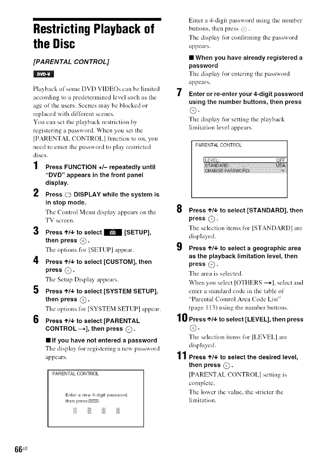 Sony DAVHDX279W, HDX277WC, HDX576WF manual Restricting Playback of the Disc, 66us 