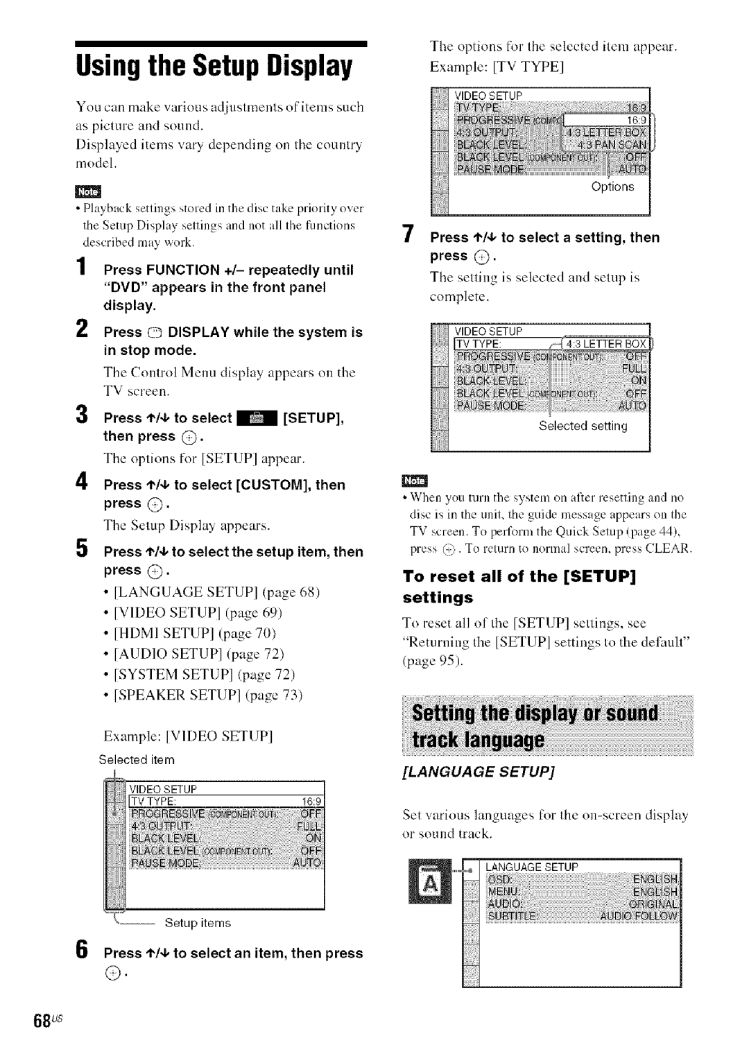 Sony HDX576WF, DAVHDX279W, HDX277WC manual Usingthe Setup Display, 68us 