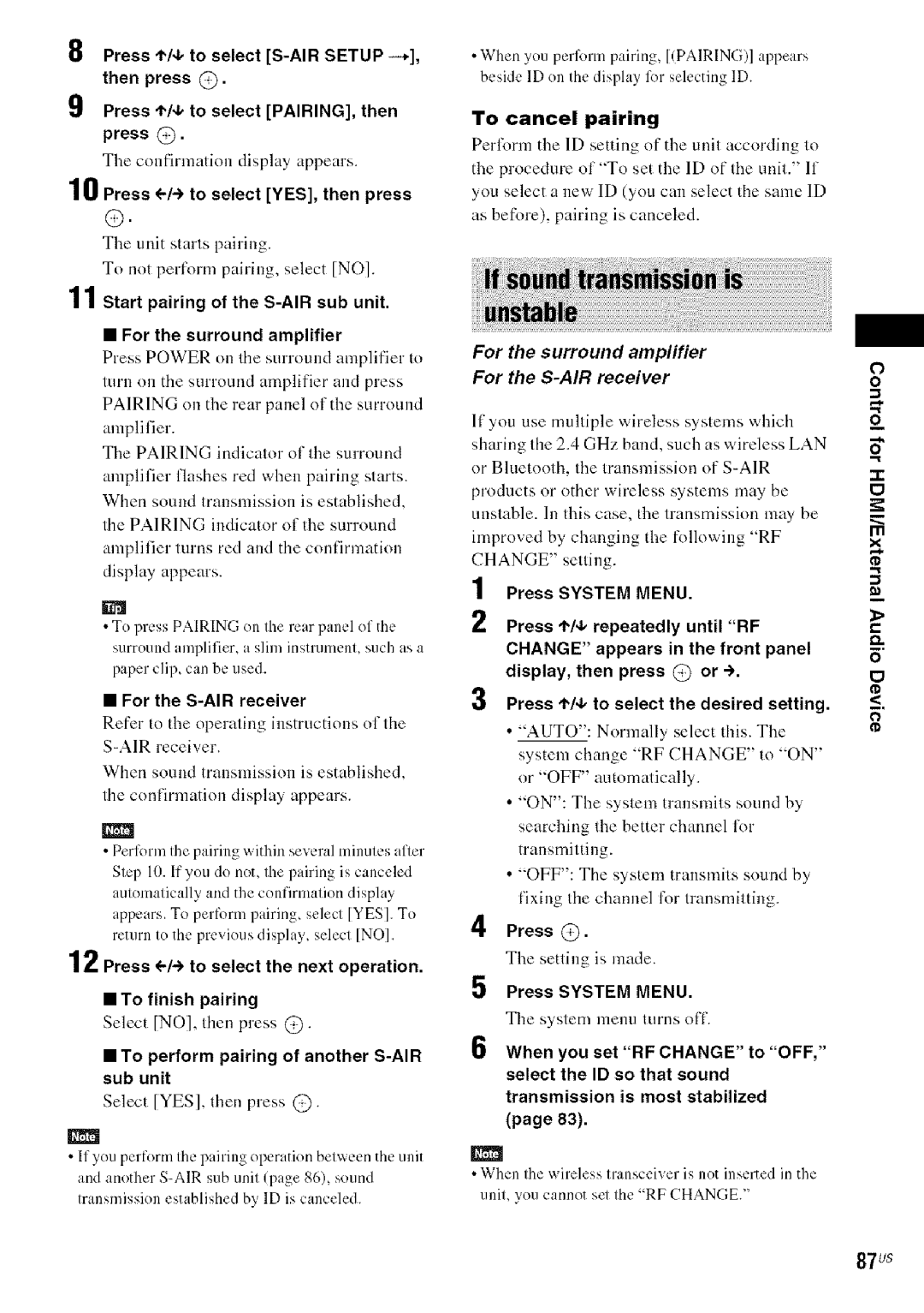Sony DAVHDX279W, HDX277WC, HDX576WF manual To cancel pairing, 10Press -/-to select YES, then press, For the S-AIR receiver 
