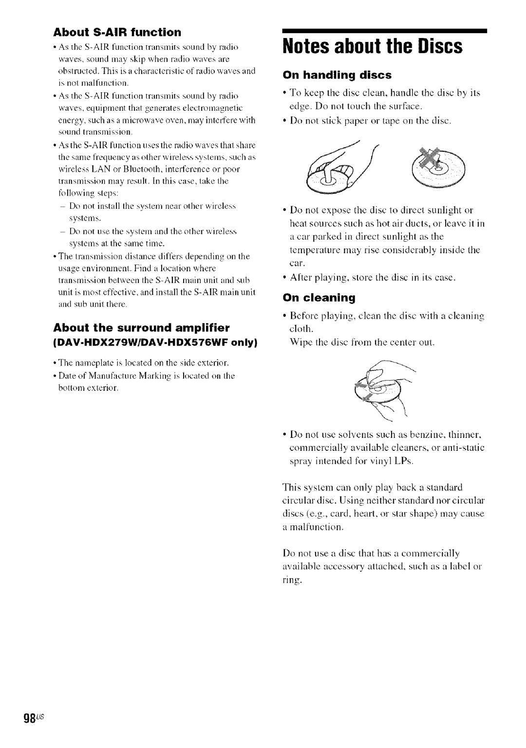 Sony HDX576WF, DAVHDX279W, HDX277WC manual About S-AIR function, On handling discs 