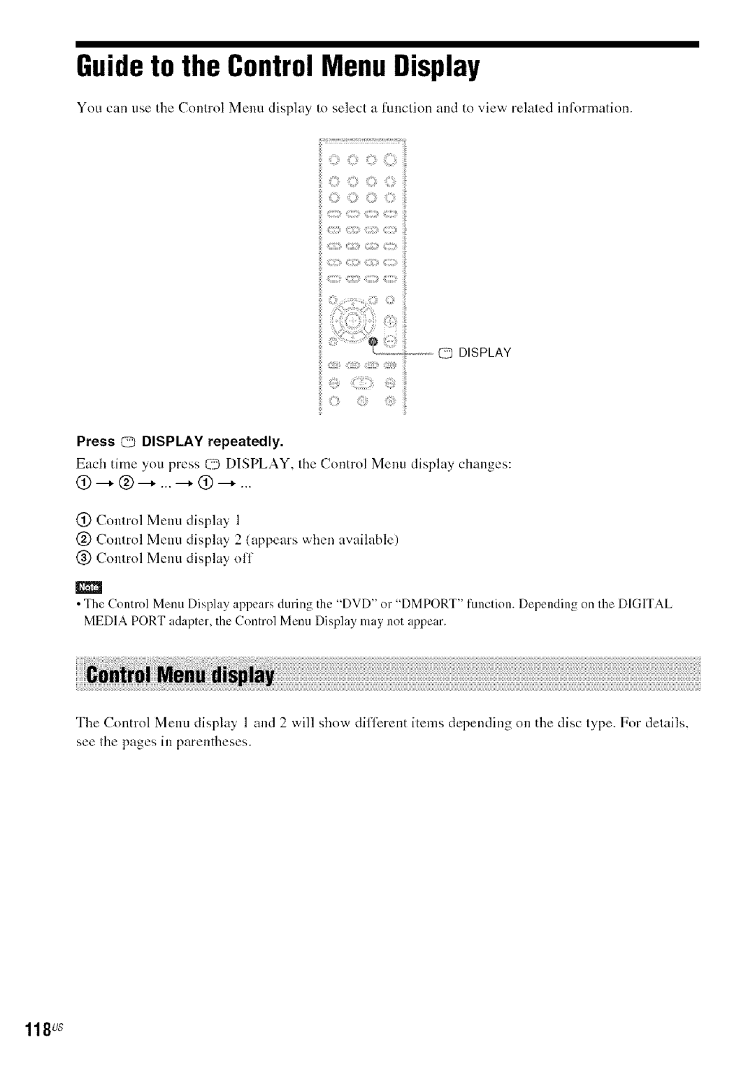 Sony HDX277WC, DAVHDX279W, HDX576WF manual Guideto the Control Menu Display, iiiiii,i:::ii::i,io ¸, > <>, Q, <>> <:>, 118US 