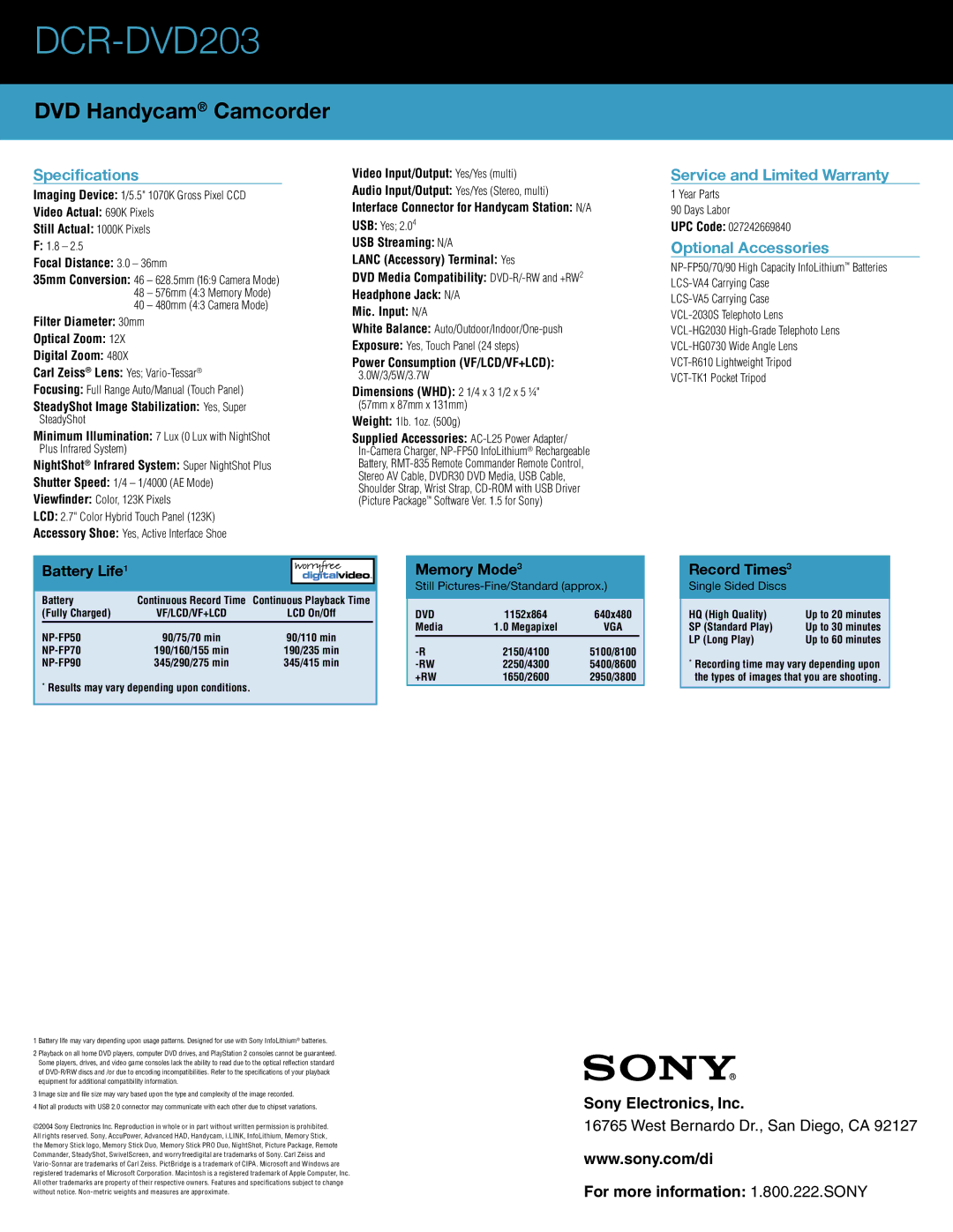 Sony 55, DCR-DVD203, HANDYCAM, Camcorder manual Service and Limited Warranty 