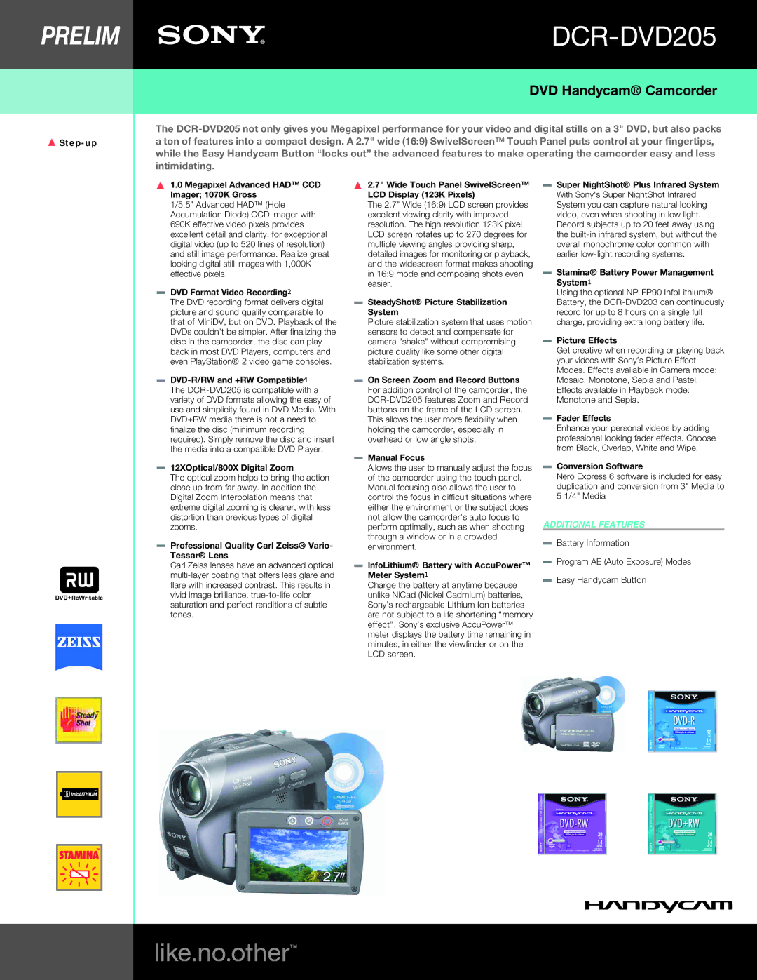 Sony DCR-DVD205 manual Megapixel Advanced had CCD Imager 1070K Gross, DVD Format Video Recording2, Picture Effects 