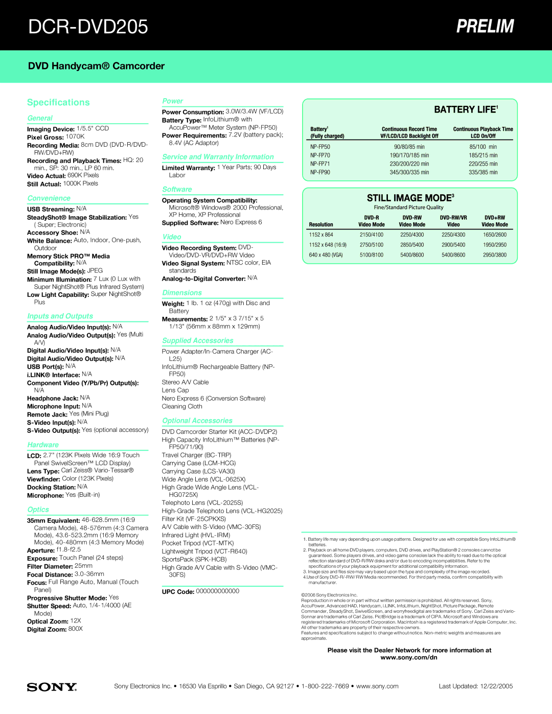 Sony DCR-DVD205 General, Convenience, Inputs and Outputs, Hardware, Optics, Power, Service and Warranty Information, Video 