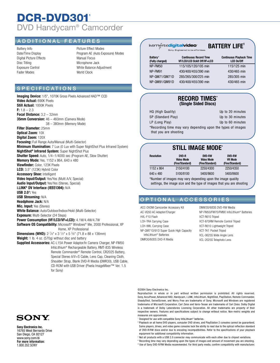 Sony DCR-DVD301, DVD HANDYCAM manual D I T I O N a L F E a T U R E S, Specification S, T I O N a L a C C E S S O R I E S 