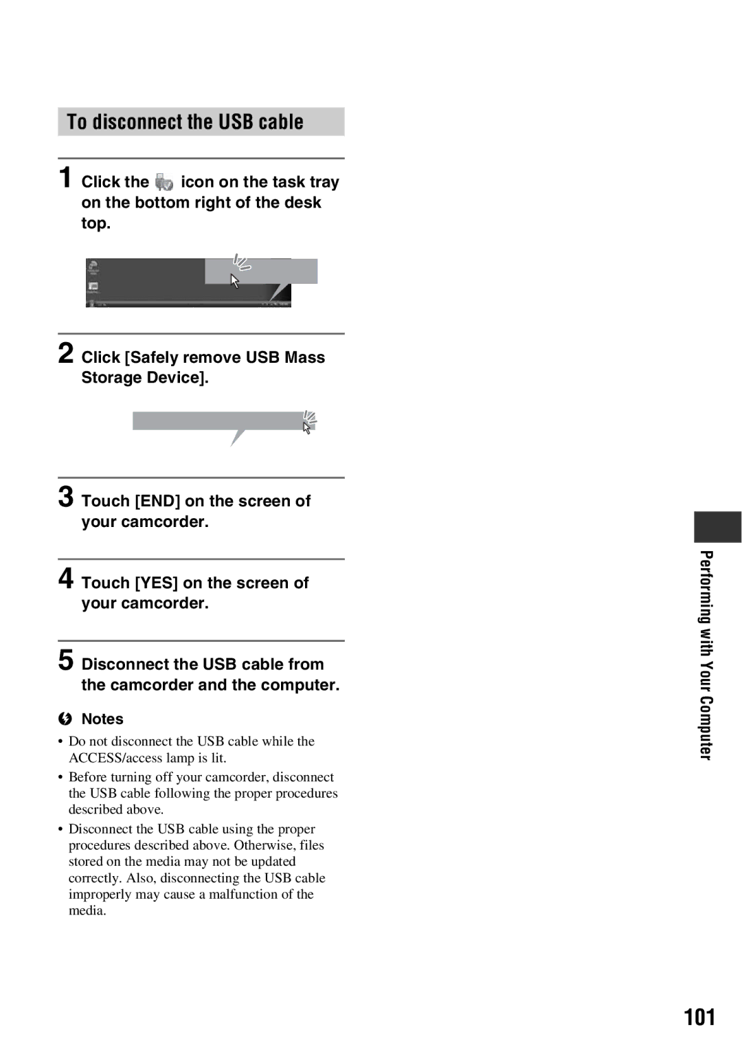 Sony DCR-DVD850, DCR-DVD650 manual 101, To disconnect the USB cable, Performing with Your Computer 