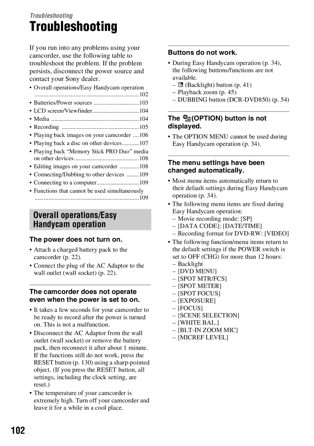 Sony DCR-DVD650, DCR-DVD850 manual Troubleshooting, 102, Overall operations/Easy Handycam operation 