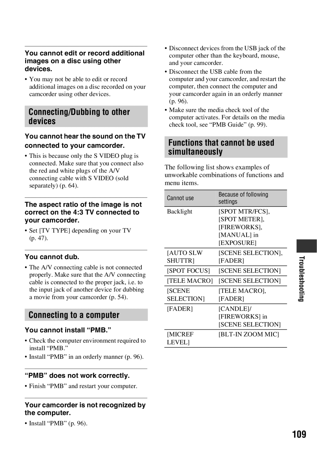 Sony DCR-DVD850, DCR-DVD650 manual 109, Connecting/Dubbing to other devices, Connecting to a computer 