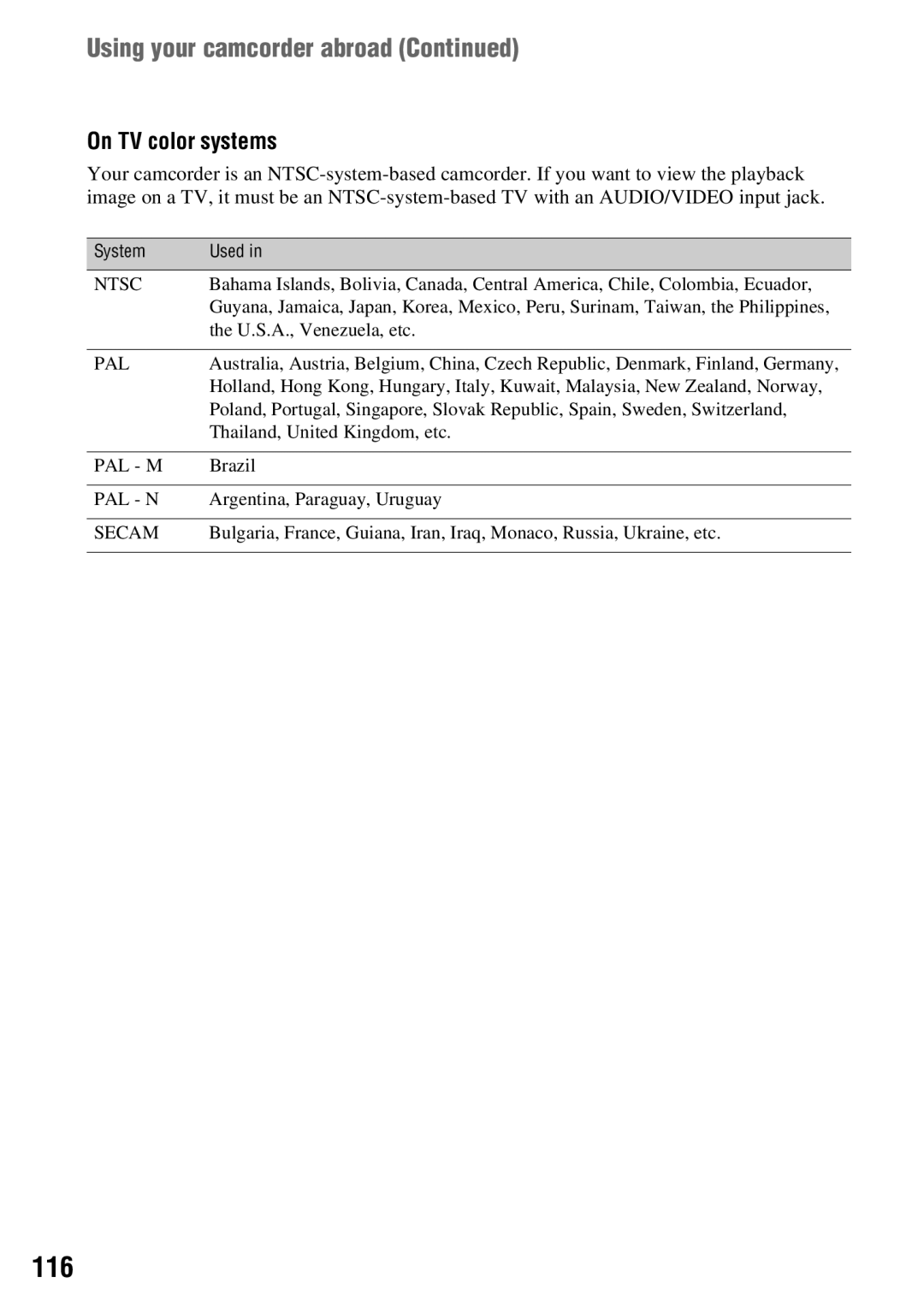 Sony DCR-DVD650, DCR-DVD850 manual 116, Using your camcorder abroad, On TV color systems 