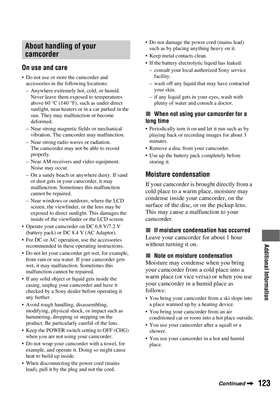 Sony DCR-DVD850, DCR-DVD650 manual About handling of your camcorder, On use and care, Moisture condensation 